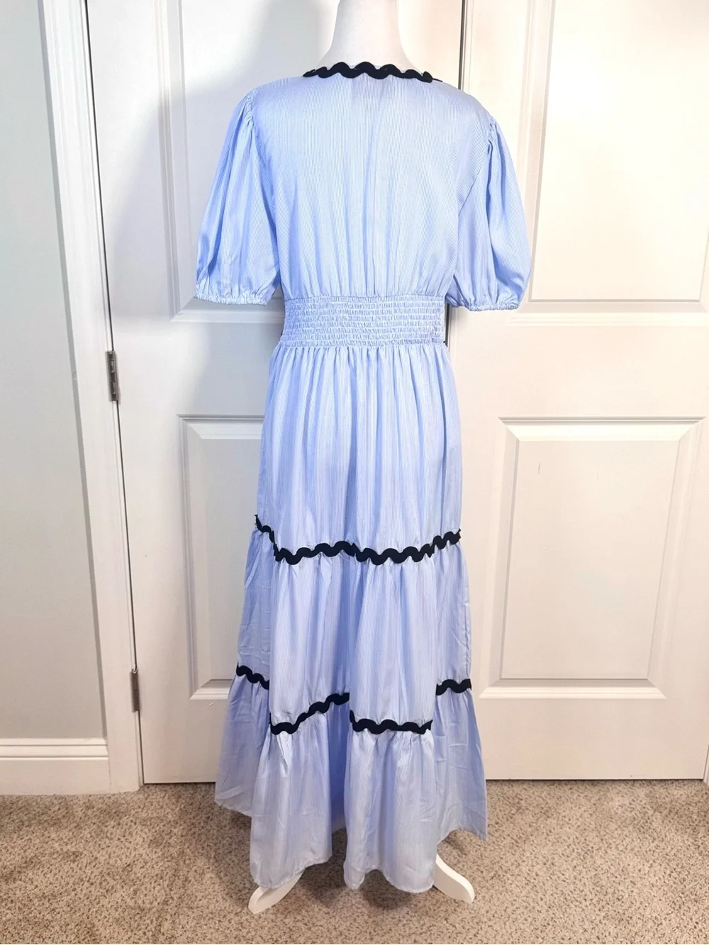 Blue Stripe Ric Rac Maxi Dress L Boho Prairie Coastal Cottage Tiered Truly 4 You